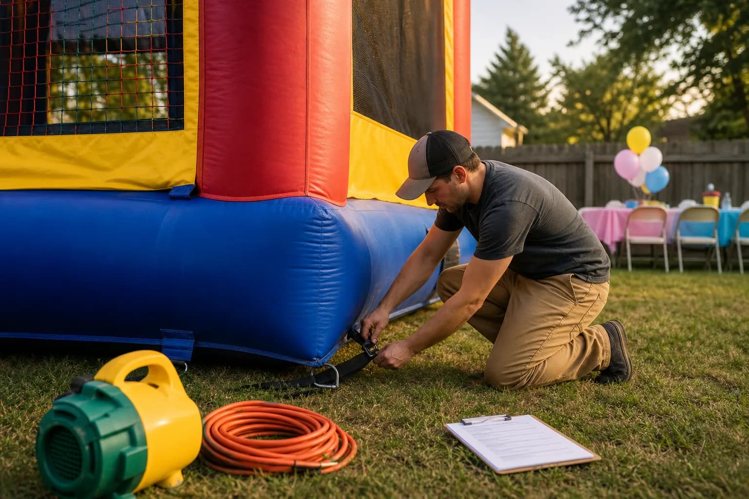 An owner-operator carefully checking a bounce house anchor before an event